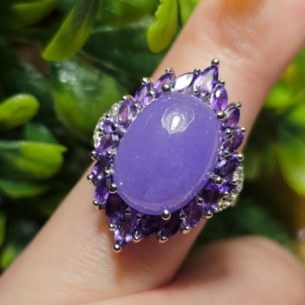 Burmese Purple Jade & African Amethyst Halo Silver Cocktail Ring 12.6 CTW Size 8